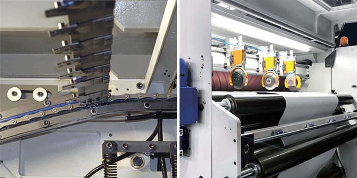 Side-by-side comparison of flatbed platen press and rotary cylinder mechanism, labeled with basic components